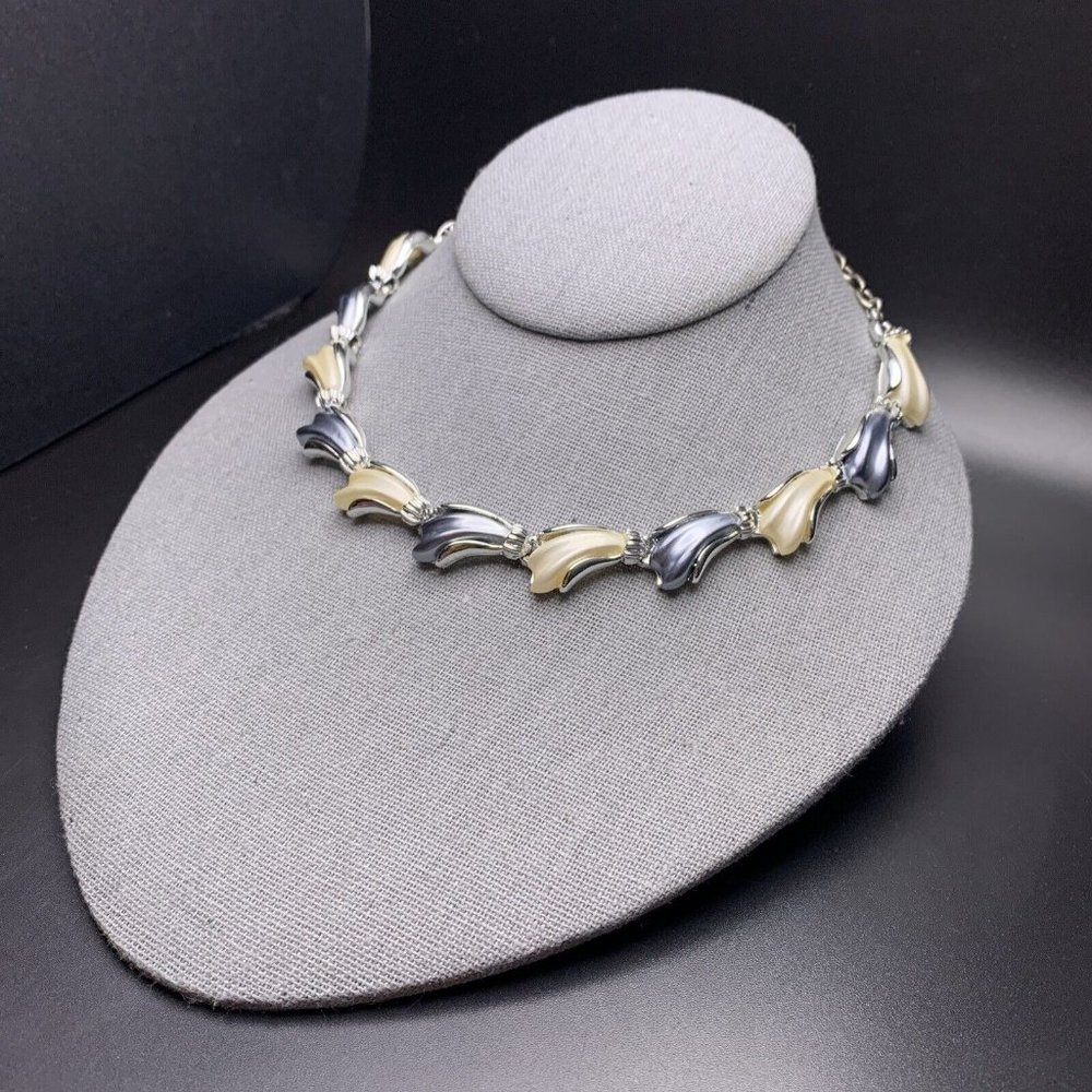 Blue Cream Silver Tone Link Choker Collar Necklace Earrings Demi Parure - Picture 4 of 11